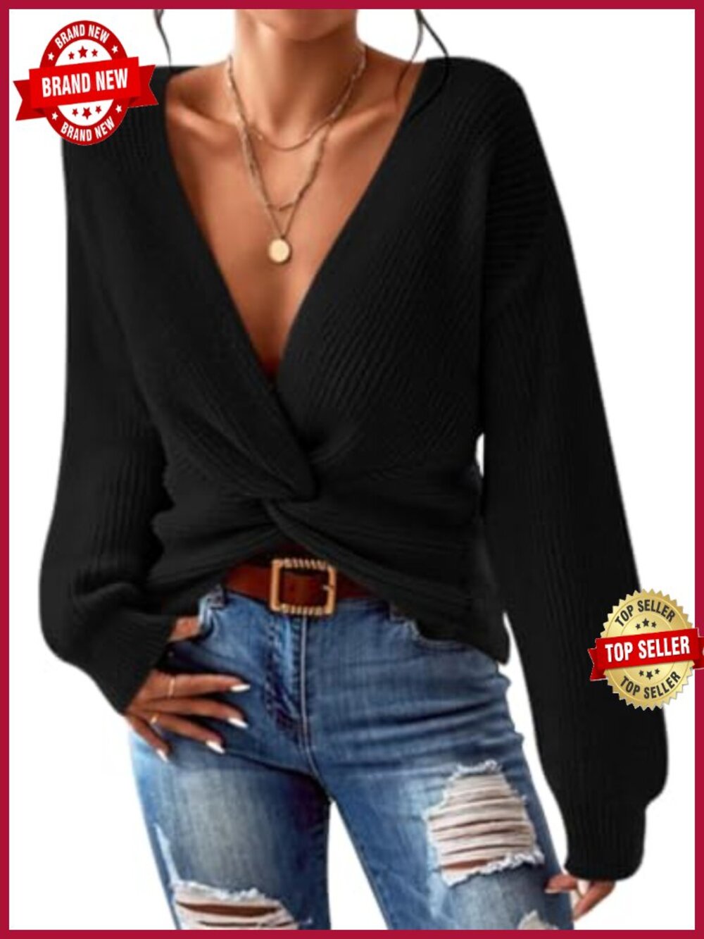 Deep V Neck Twist Front Cropped Sweater Asymmetrical Hem Pullover